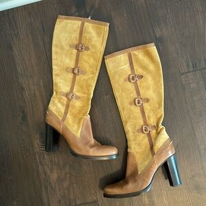 VIA SPIGA TALL LEATHER BOOTS HEELS BROWN TWO TONE 10